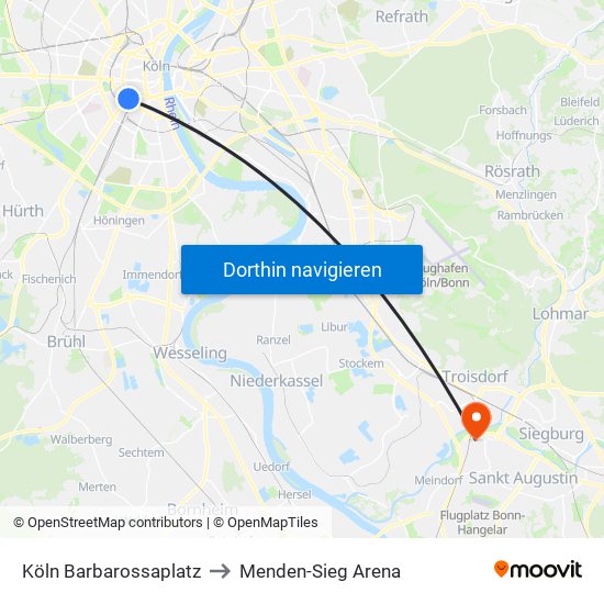 Köln Barbarossaplatz to Menden-Sieg Arena map