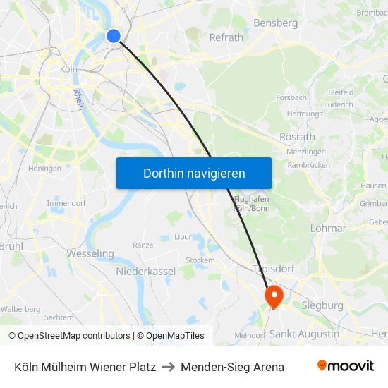 Köln Mülheim Wiener Platz to Menden-Sieg Arena map