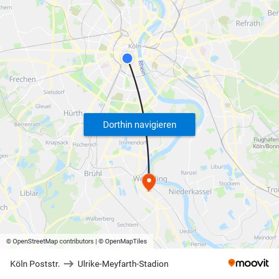 Köln Poststr. to Ulrike-Meyfarth-Stadion map