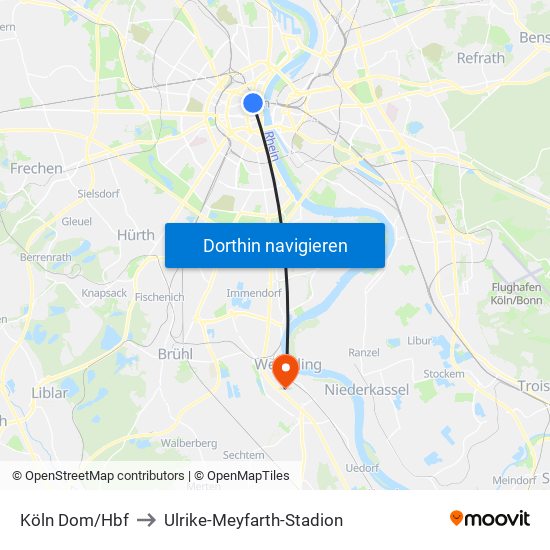 Köln Dom/Hbf to Ulrike-Meyfarth-Stadion map