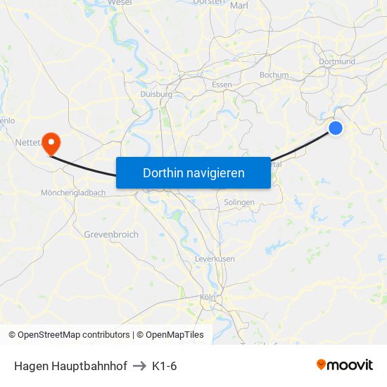 Hagen Hauptbahnhof to K1-6 map