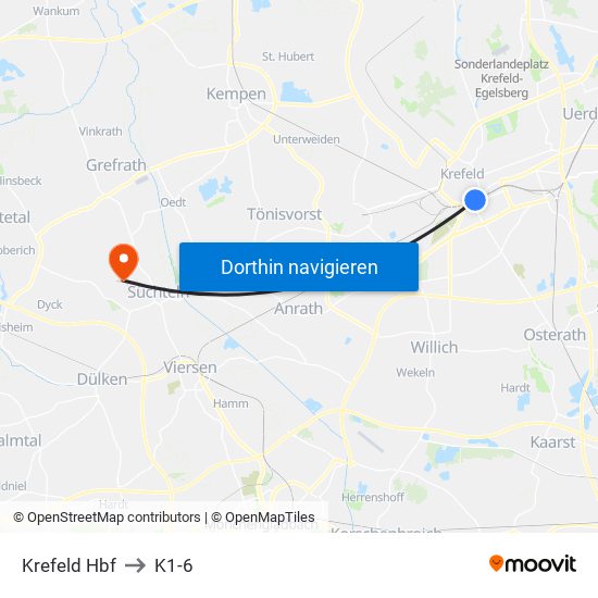 Krefeld Hbf to K1-6 map