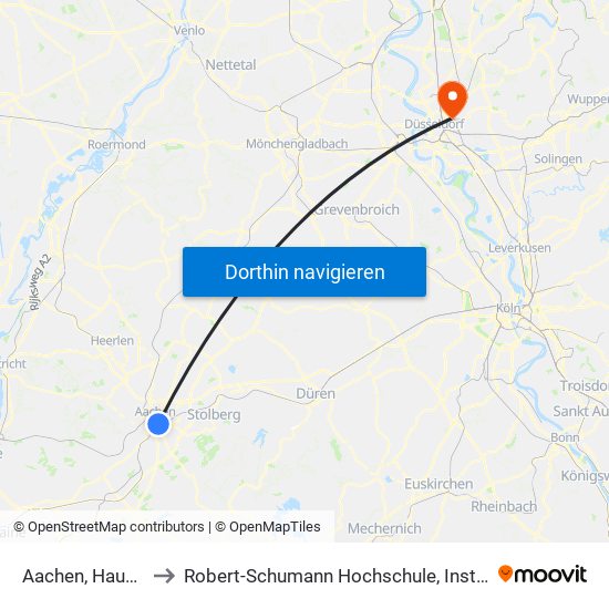 Aachen, Hauptbahnhof to Robert-Schumann Hochschule, Institut Für Kirchenmusik map