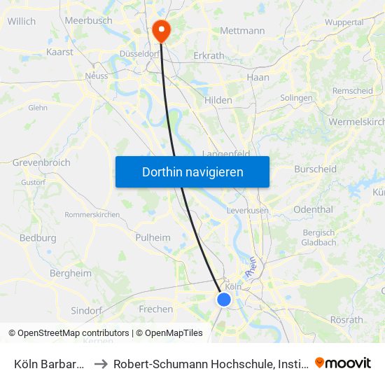 Köln Barbarossaplatz to Robert-Schumann Hochschule, Institut Für Kirchenmusik map