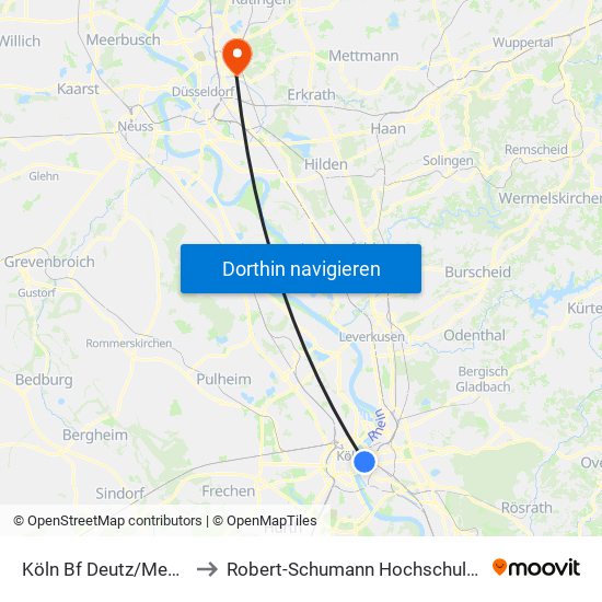 Köln Bf Deutz/Messe Lanxess Arena to Robert-Schumann Hochschule, Institut Für Kirchenmusik map