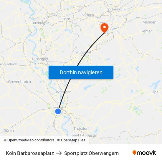 Köln Barbarossaplatz to Sportplatz Oberwengern map