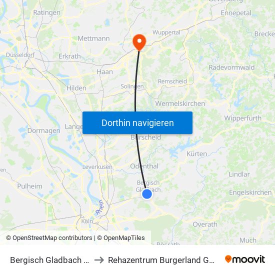 Bergisch Gladbach (S) to Rehazentrum Burgerland Gmbh map