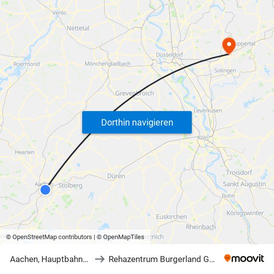 Aachen, Hauptbahnhof to Rehazentrum Burgerland Gmbh map