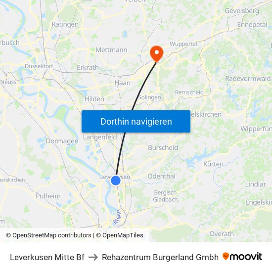 Leverkusen Mitte Bf to Rehazentrum Burgerland Gmbh map