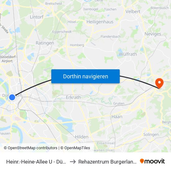 Heinr.-Heine-Allee U - Düsseldorf to Rehazentrum Burgerland Gmbh map