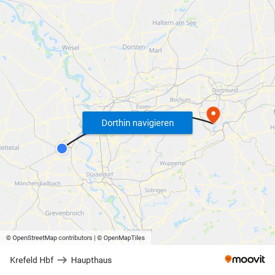 Krefeld Hbf to Haupthaus map