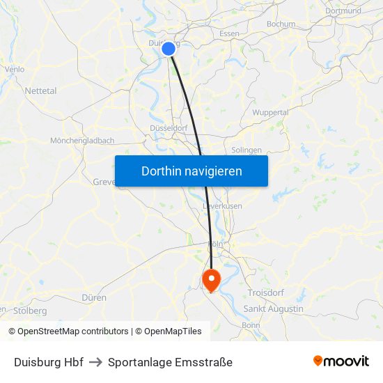 Duisburg Hbf to Sportanlage Emsstraße map