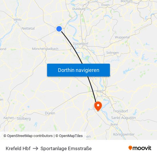 Krefeld Hbf to Sportanlage Emsstraße map