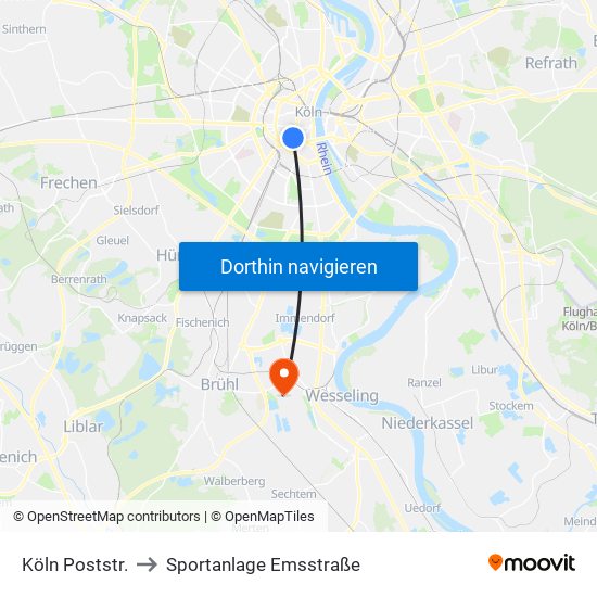 Köln Poststr. to Sportanlage Emsstraße map