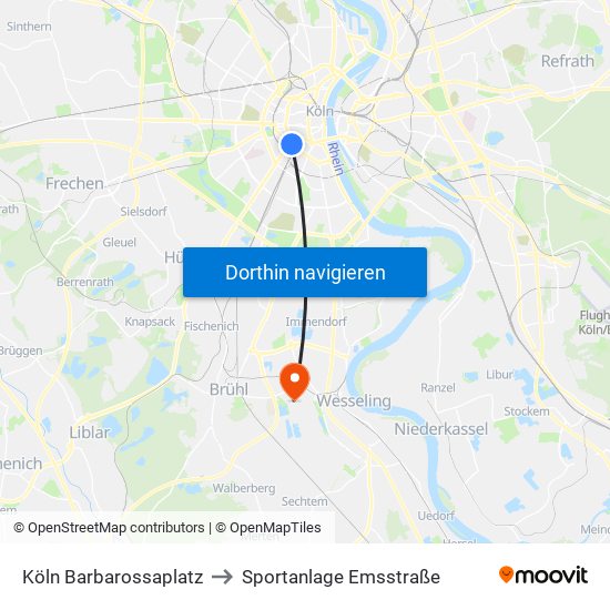 Köln Barbarossaplatz to Sportanlage Emsstraße map