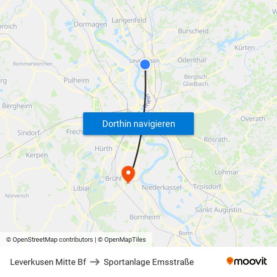 Leverkusen Mitte Bf to Sportanlage Emsstraße map