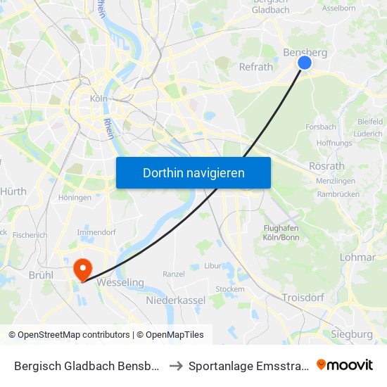 Bergisch Gladbach Bensberg to Sportanlage Emsstraße map