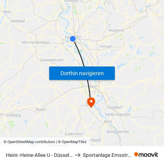 Heinr.-Heine-Allee U - Düsseldorf to Sportanlage Emsstraße map