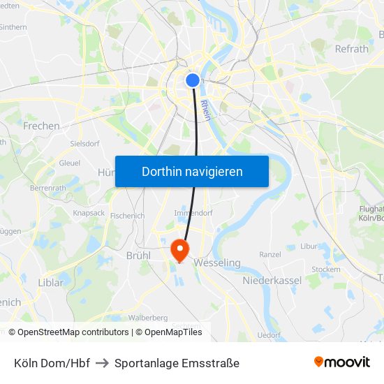 Köln Dom/Hbf to Sportanlage Emsstraße map