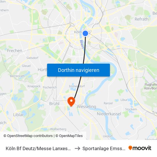 Köln Bf Deutz/Messe Lanxess Arena to Sportanlage Emsstraße map