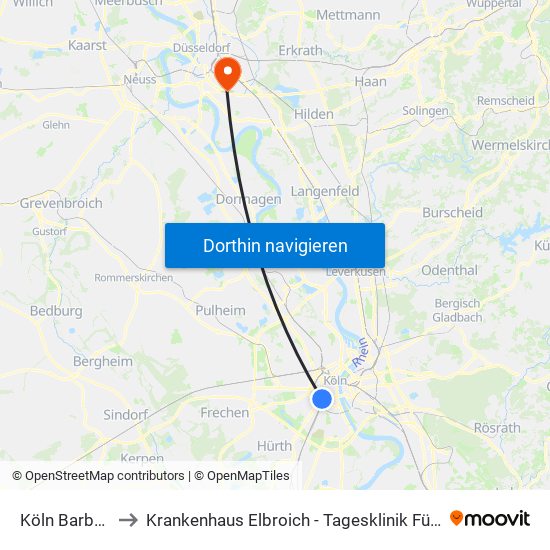 Köln Barbarossaplatz to Krankenhaus Elbroich - Tagesklinik Für Psychiatrie Und Psychotherapie map