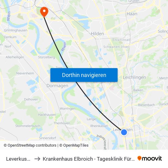 Leverkusen Mitte Bf to Krankenhaus Elbroich - Tagesklinik Für Psychiatrie Und Psychotherapie map