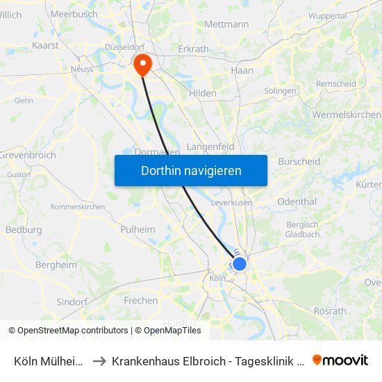 Köln Mülheim Wiener Platz to Krankenhaus Elbroich - Tagesklinik Für Psychiatrie Und Psychotherapie map