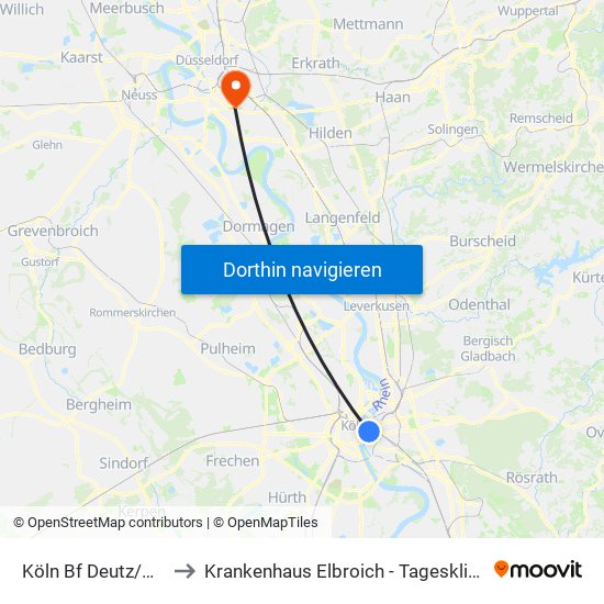 Köln Bf Deutz/Messe Lanxess Arena to Krankenhaus Elbroich - Tagesklinik Für Psychiatrie Und Psychotherapie map