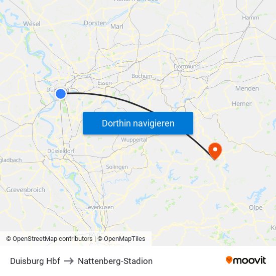 Duisburg Hbf to Nattenberg-Stadion map