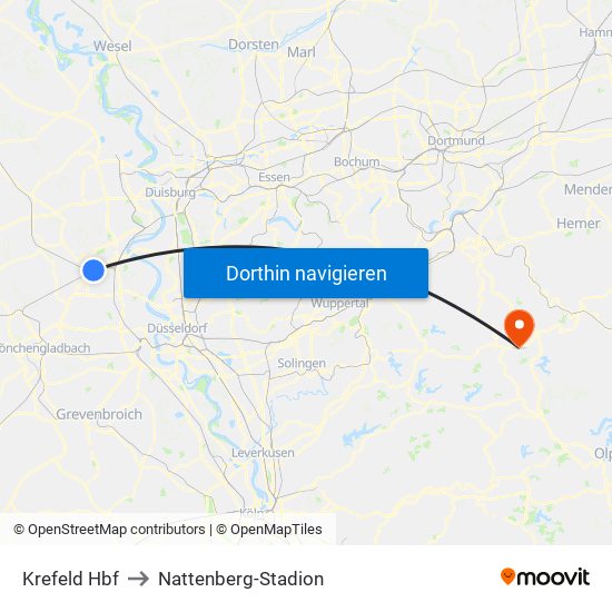 Krefeld Hbf to Nattenberg-Stadion map