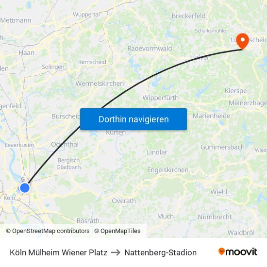 Köln Mülheim Wiener Platz to Nattenberg-Stadion map
