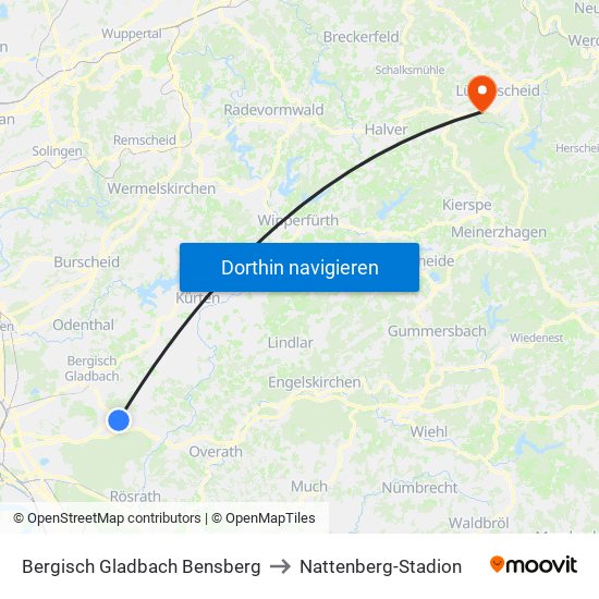 Bergisch Gladbach Bensberg to Nattenberg-Stadion map