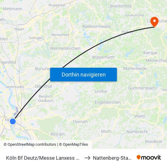 Köln Bf Deutz/Messe Lanxess Arena to Nattenberg-Stadion map