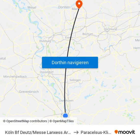 Köln Bf Deutz/Messe Lanxess Arena to Paracelsus-Klinik map