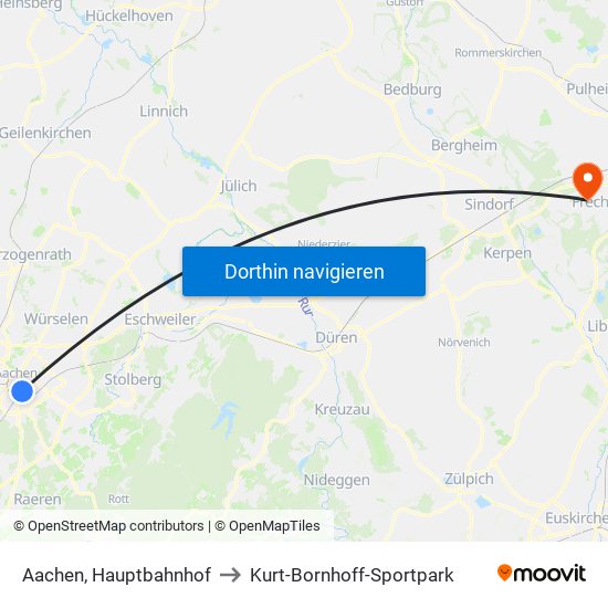 Aachen, Hauptbahnhof to Kurt-Bornhoff-Sportpark map