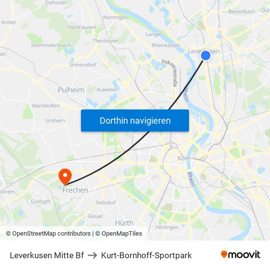 Leverkusen Mitte Bf to Kurt-Bornhoff-Sportpark map