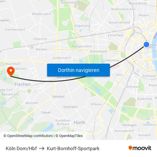 Köln Dom/Hbf to Kurt-Bornhoff-Sportpark map