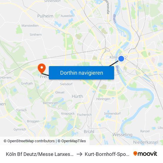 Köln Bf Deutz/Messe Lanxess Arena to Kurt-Bornhoff-Sportpark map