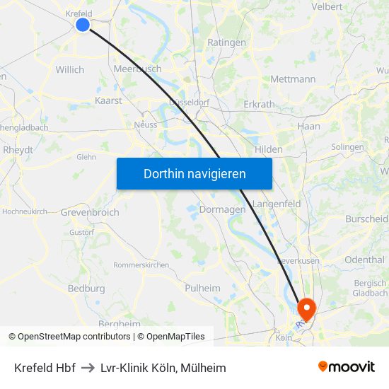 Krefeld Hbf to Lvr-Klinik Köln, Mülheim map