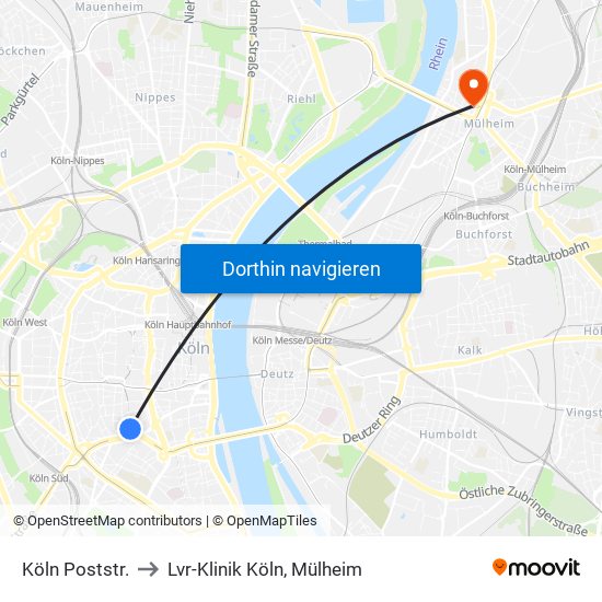 Köln Poststr. to Lvr-Klinik Köln, Mülheim map