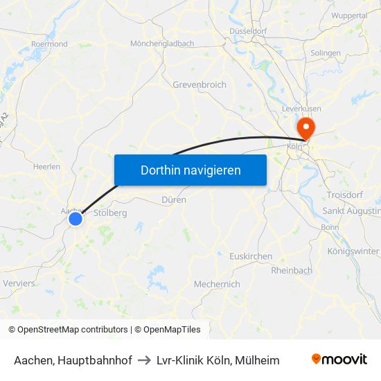 Aachen, Hauptbahnhof to Lvr-Klinik Köln, Mülheim map