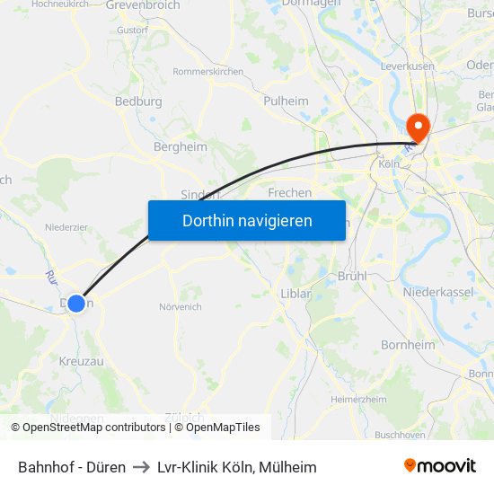 Bahnhof - Düren to Lvr-Klinik Köln, Mülheim map