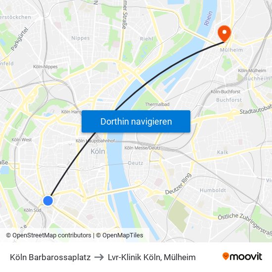 Köln Barbarossaplatz to Lvr-Klinik Köln, Mülheim map