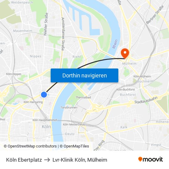 Köln Ebertplatz to Lvr-Klinik Köln, Mülheim map