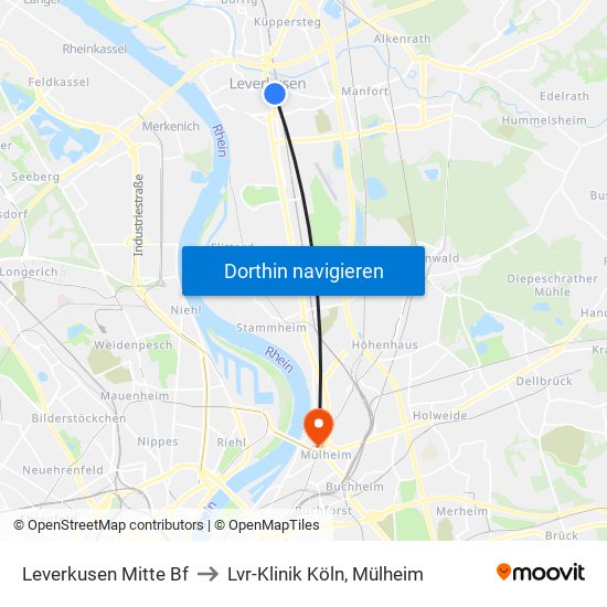 Leverkusen Mitte Bf to Lvr-Klinik Köln, Mülheim map