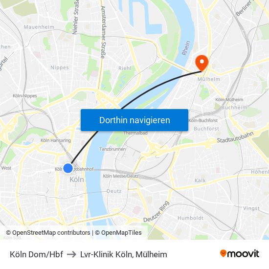 Köln Dom/Hbf to Lvr-Klinik Köln, Mülheim map