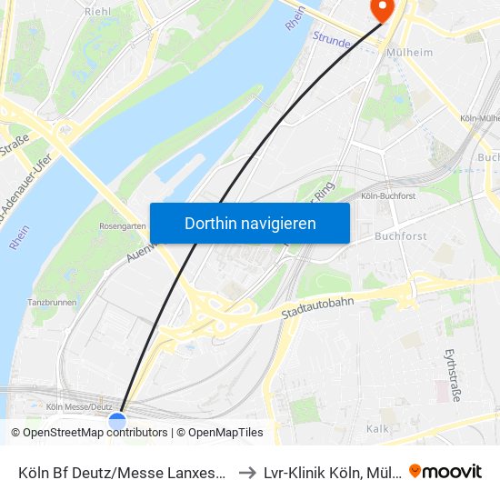 Köln Bf Deutz/Messe Lanxess Arena to Lvr-Klinik Köln, Mülheim map