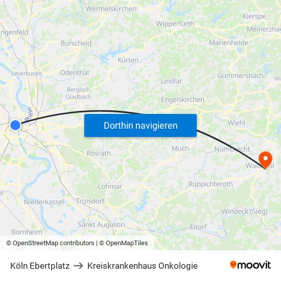 Köln Ebertplatz to Kreiskrankenhaus Onkologie map