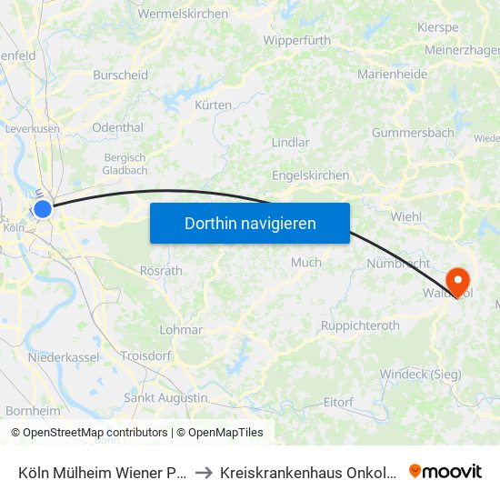 Köln Mülheim Wiener Platz to Kreiskrankenhaus Onkologie map