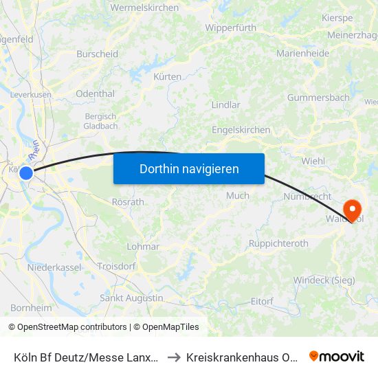 Köln Bf Deutz/Messe Lanxess Arena to Kreiskrankenhaus Onkologie map